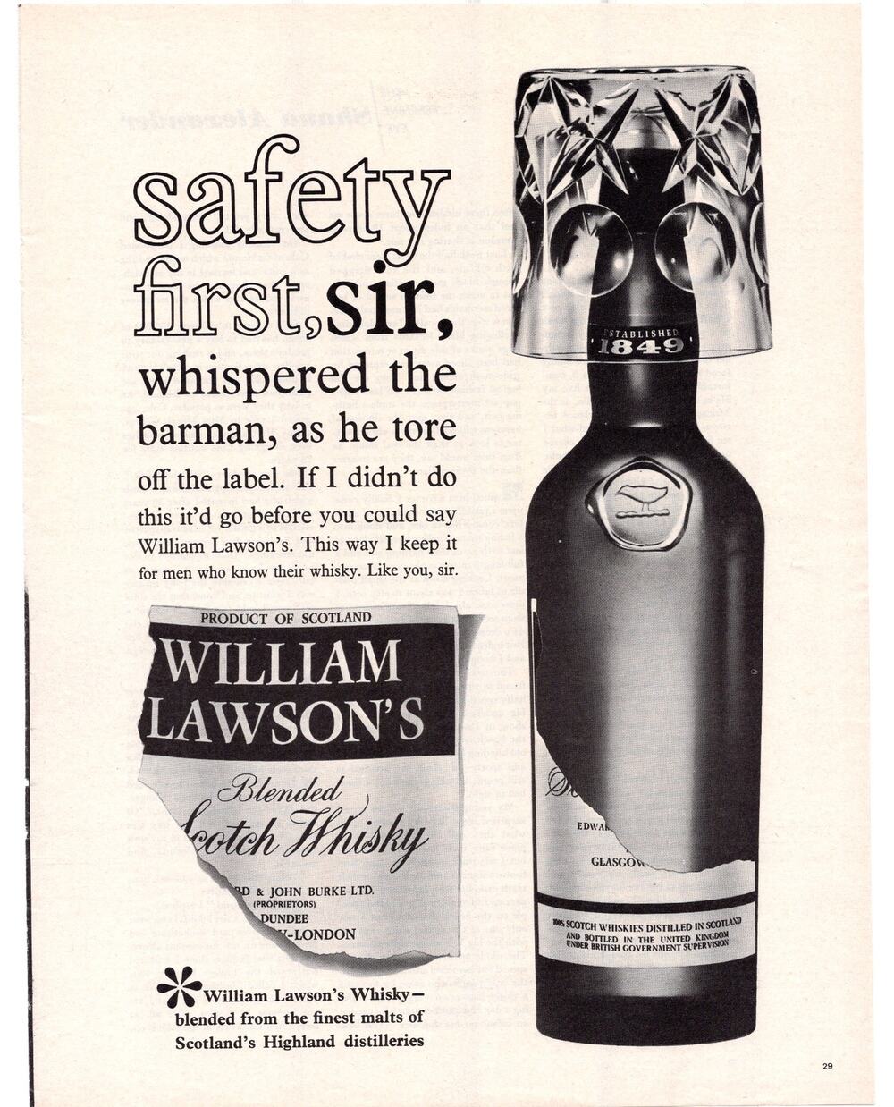 William Lawson Blended Scotch Whisky Advertisement 1960s Vtg Liquor Bar Decor